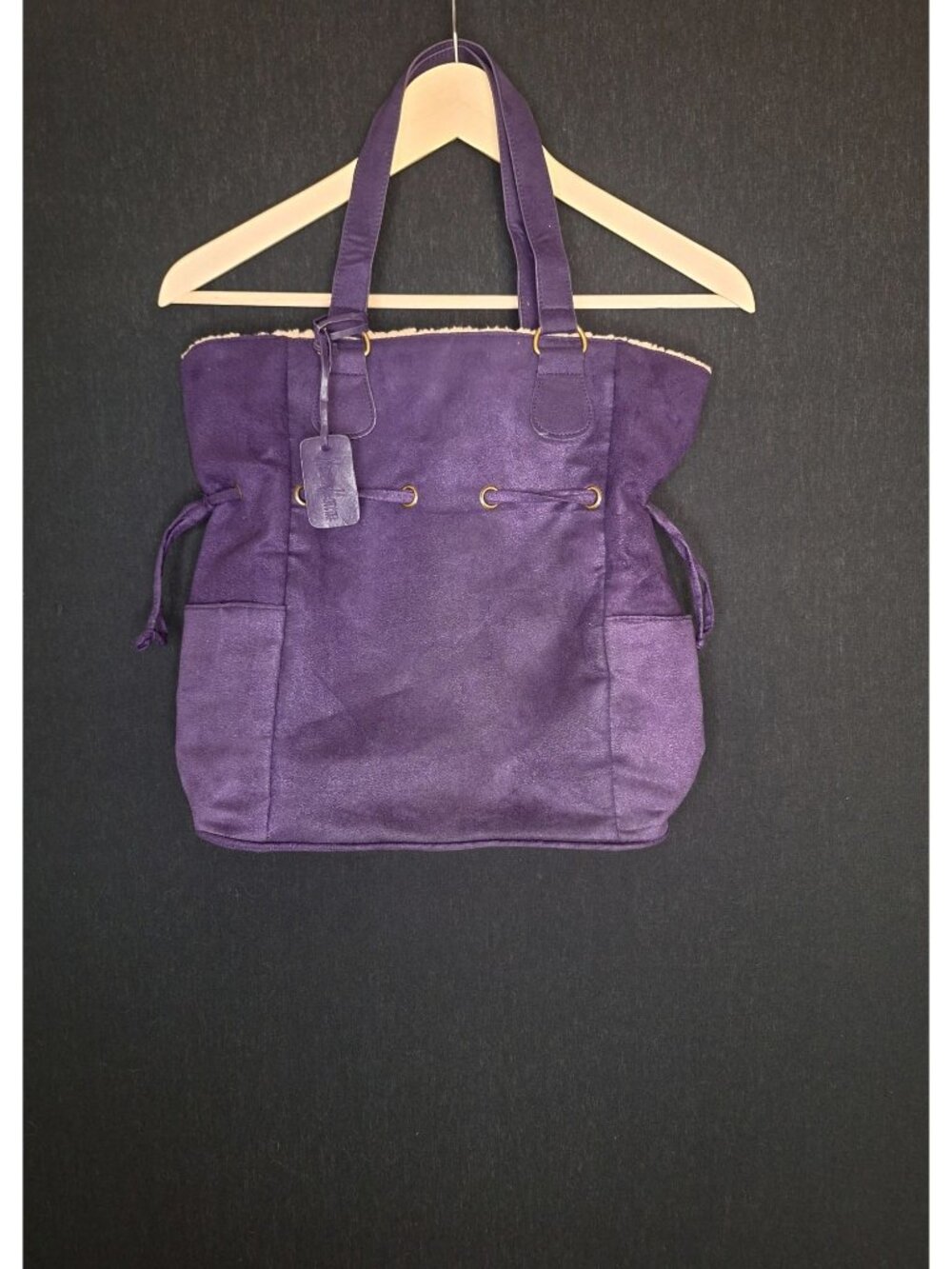 💙 Neiman Marcus Purple Faux Suede Sherpa Lined Drawstring Tote Bag Medium Boho